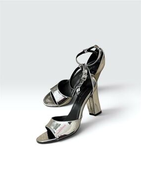 Metallic Silver High Heel Sandals with Ankle Strap
